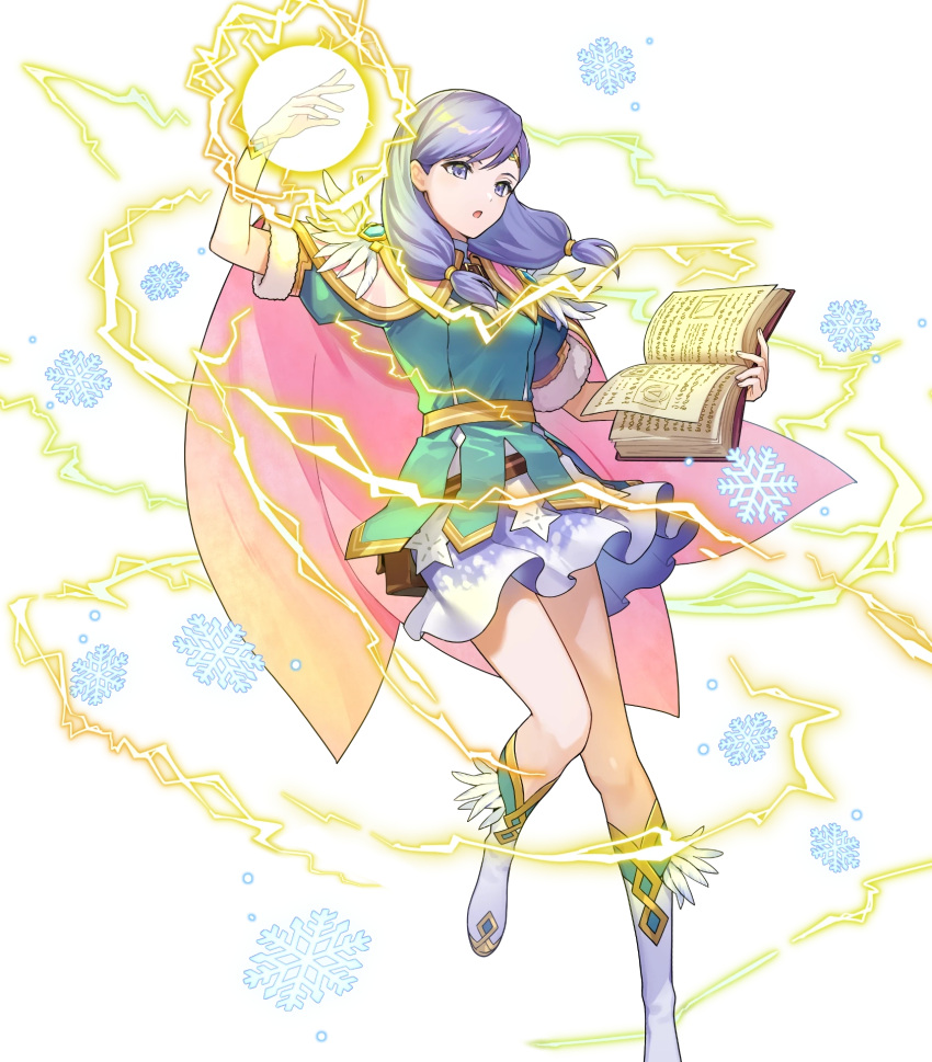 1girl alternate_costume belt_pouch book boots cape circlet closed_mouth dress feather_trim fire_emblem fire_emblem:_radiant_dawn fire_emblem_heroes fur_trim gold_trim gradient_clothes hair_ornament hand_up highres holding holding_book ilyana_(fire_emblem) jewelry knee_boots leg_up lightning long_hair magic non-web_source official_alternate_costume official_art open_book open_mouth pouch purple_eyes purple_hair short_dress short_sleeves skirt snowflakes solo transparent_background urata_asao wrist_cuffs