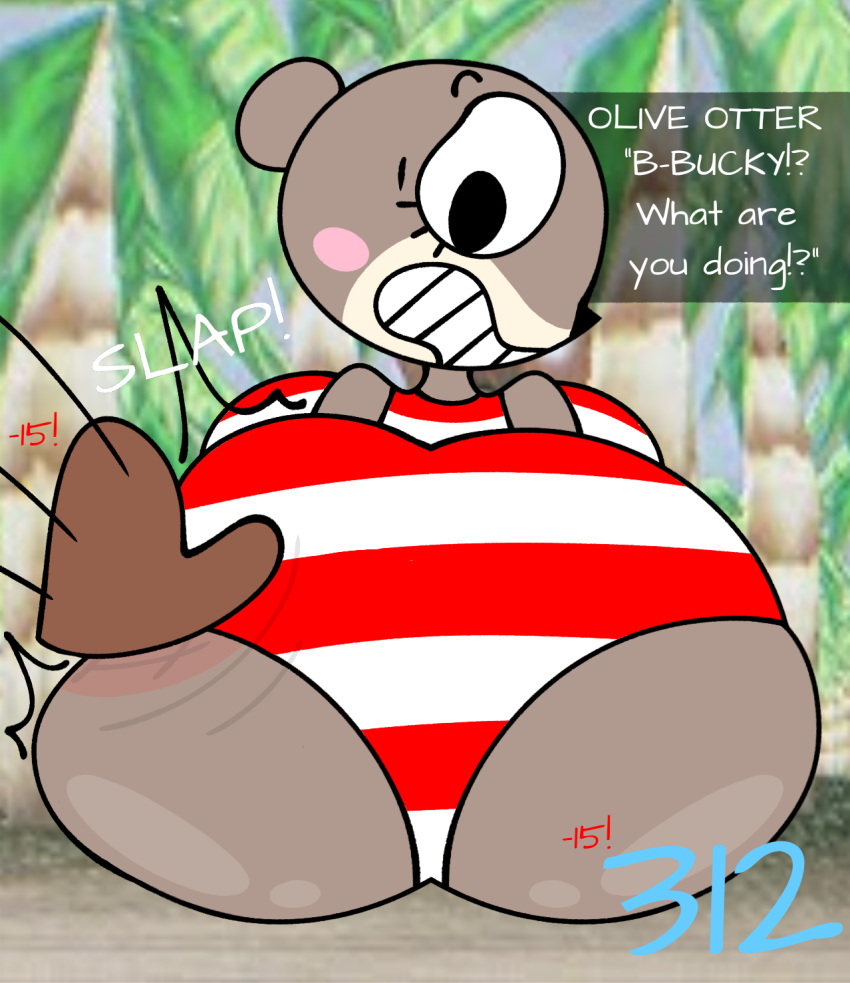 anthro big_butt blush butt butt_slap clothing dialogue dialogue_box female floating_hands hi_res mammal mustelid name_in_dialogue nintendo nintendo_64 offscreen_character olive_otter otter screencap screencap_background sea_otter shipwrecked_64 shocked_face skeletonhearts slap slap_(sound_effect) solo spank_marks spanking surprised_expression swimwear timer timer_display