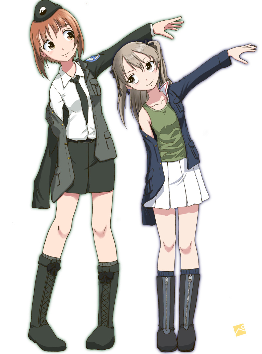 2girls absurdres arm_up artist_logo beret black_footwear black_headwear black_jacket black_necktie black_ribbon black_skirt black_socks blue_jacket boots brown_eyes brown_hair closed_mouth commentary cosplay costume_switch cross-laced_footwear dress_shirt emblem girls_und_panzer green_shirt hair_ribbon hat highres jacket japanese_tankery_league_(emblem) kainushi lace-up_boots leaning_to_the_side light_brown_hair long_hair long_sleeves looking_at_another military_hat military_uniform miniskirt multiple_girls necktie nishizumi_miho off_shoulder one_side_up ooarai_military_uniform open_clothes open_jacket pencil_skirt pleated_skirt ribbon selection_university_(emblem) selection_university_military_uniform shimada_arisu shirt short_hair side-by-side simple_background skirt smile socks standing tank_top uniform white_background white_shirt white_skirt zipper