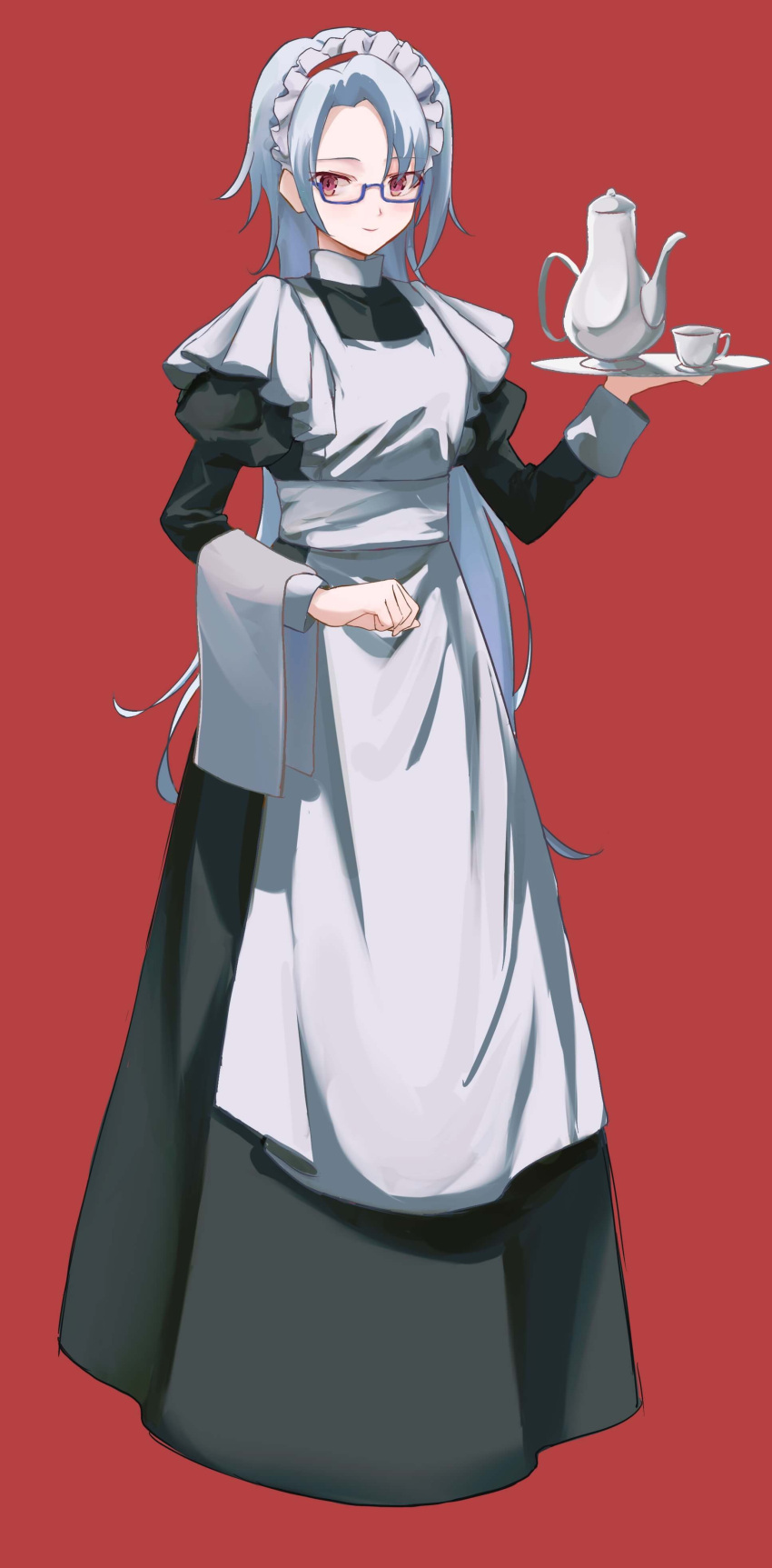 1girl absurdres alternate_costume apron black_dress blue-framed_eyewear clenched_hand closed_mouth cup dress enmaided full_body glasses grey_hair hair_between_eyes hands_up highres holding holding_tray juliet_sleeves light_blush light_smile long_dress long_hair long_sleeves looking_at_viewer maid maid_headdress midori_usagi oogami_shiro parted_bangs pink_eyes puffy_sleeves red_background semi-rimless_eyewear shoujo_kageki_revue_starlight shoujo_kageki_revue_starlight_-re_live- simple_background solo standing teacup teapot towel towel_on_arm tray under-rim_eyewear very_long_hair white_apron