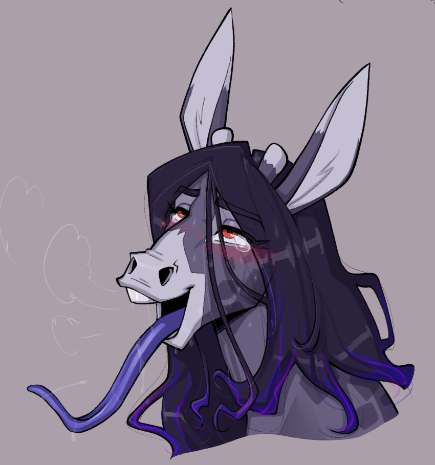 ahegao anthro asinus bedroom_eyes black_hair blush blush_lines bodily_fluids donkey equid equine female fur giraffe giraffid grey_background grey_body grey_fur gynomorph_(lore) hair half-closed_eyes hi_res highlights_(coloring) horn hybrid lapinbeau long_hair long_tongue looking_pleasured mammal narrowed_eyes open_mouth open_smile purple_highlights purple_tongue seductive simple_background smile solo tears tears_of_pleasure teary_eyes tongue