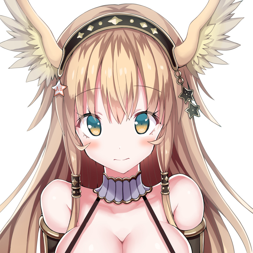 1girl absurdres bare_shoulders blonde_hair breasts brown_wings character_request chouhakai!!_barbarossa cleavage feathered_wings givuchoko green_eyes hair_between_eyes head_wings highres large_breasts long_hair simple_background solo star_(symbol) star_in_eye symbol_in_eye upper_body white_background wings