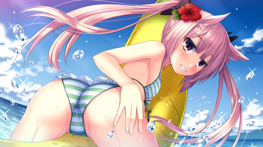 1girl animal_ears ass banana_boat bikini blush commentary_request flat_chest flower green_bikini grin hair_flower hair_ornament hand_on_own_ass kmcgold30 looking_at_viewer mashiko_kaoru outdoors red_flower sky smile solo striped striped_bikini swimsuit toji_no_miko twintails water water_drop wet yellow_eyes