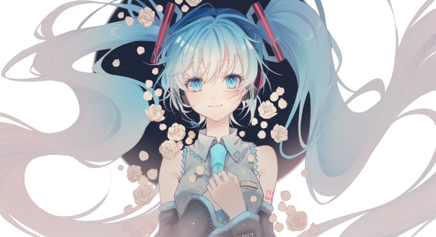 1girl absurdly_long_hair arm_tattoo bangs black_hairband black_sleeves blue_eyes blue_hair bow closed_mouth collared_shirt detached_sleeves floating_hair gradient_hair grey_hair grey_shirt hair_between_eyes hair_bow hairband hatsune_miku headphones headset long_hair looking_at_viewer microphone multicolored_hair number_tattoo rabb_horn shiny shiny_hair shirt sleeveless sleeveless_shirt smile solo tattoo tears twintails upper_body very_long_hair vocaloid wing_collar