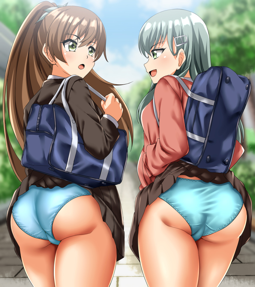 2girls absurdres aqua_hair ass black_jacket black_skirt blazer blue_panties blue_sky blurry brown_eyes cloud commentary_request commission cowboy_shot day depth_of_field eye_contact from_behind green_eyes hair_ornament hairclip highres jacket kantai_collection kumano_(kancolle) long_hair looking_at_another multiple_girls official_alternate_costume outdoors panties pink_jacket pixiv_commission pleated_skirt school_uniform skirt sky suzuya_(kancolle) underwear variant_set zanntetu