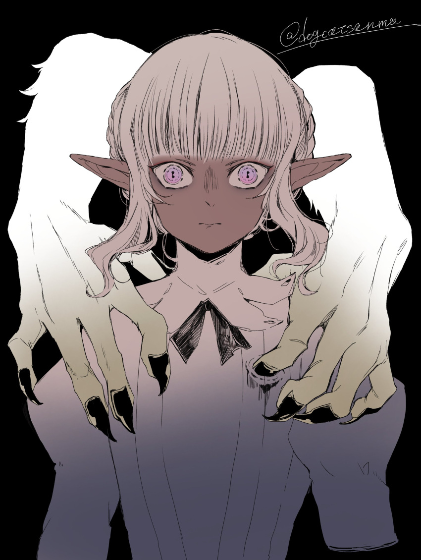 1boy 3: absurdres androgynous angry black_background blunt_bangs braid closed_mouth dark-skinned_male dark_skin disembodied_limb dogcatsanma dungeon_meshi elf fingernails hands_on_another's_shoulders highres juliet_sleeves long_sleeves looking_at_viewer male_focus partially_colored pointy_ears puffy_sleeves purple_eyes purple_theme sharp_fingernails sidelocks simple_background solo_focus straight-on symbol-shaped_pupils thistle_(dungeon_meshi) twitter_username updo upper_body winged_lion_(dungeon_meshi)