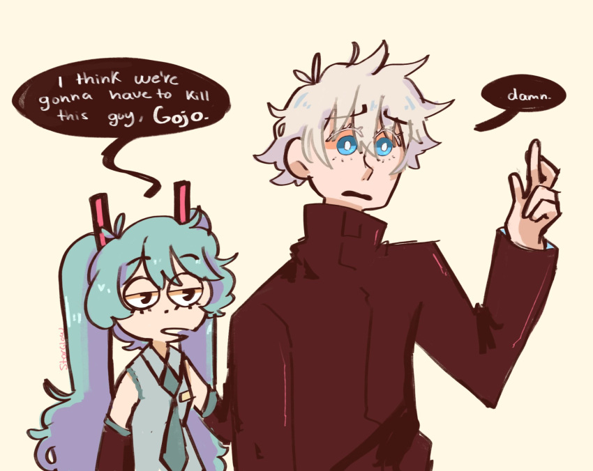 1boy 1girl aqua_eyes aqua_hair bare_shoulders black_jacket blue_eyes blue_hair blue_necktie crossed_fingers crossover detached_sleeves domain_expansion english_text gojou_satoru grey_shirt hair_between_eyes hair_ornament hatsune_miku highres i_think_we're_gonna_have_to_kill_this_guy_steven_(meme) jacket jujutsu_kaisen long_hair long_sleeves meme necktie open_mouth shirt short_hair simple_background sleeveless starglowy twintails upper_body vocaloid white_hair