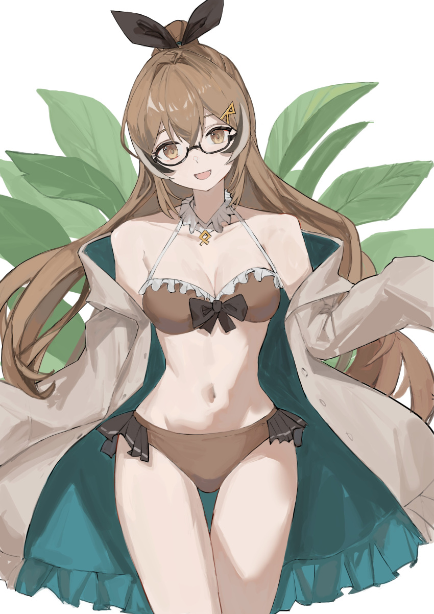 1girl :d absurdres bikini black-framed_eyewear black_hair bow brown_eyes brown_hair coat collarbone collared_bikini dimas_(dimas79756948) frilled_coat frills glasses hair_ornament hairclip highres hololive hololive_english leaf long_hair looking_at_viewer multicolored_hair nanashi_mumei navel open_clothes open_coat ponytail red_bikini red_bow semi-rimless_eyewear sidelocks simple_background sleeves_past_fingers sleeves_past_wrists smile solo streaked_hair swimsuit very_long_sleeves virtual_youtuber white_background white_hair