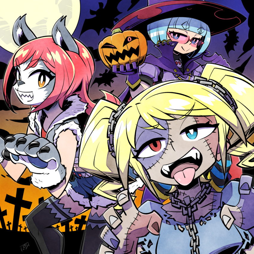 3girls ;d animal_ears animal_hands bat_(animal) blonde_hair blue_eyes blue_hair bob_cut bright_pupils cape chain collarbone facepaint fake_animal_ears fangs full_moon fur-trimmed_vest fur_trim glasses gloves graveyard hair_ornament halloween halloween_costume hands_up hat heterochromia high_collar hinoko_(sunafuki_tabito) jack-o'-lantern laika_(sunafuki_tabito) long_hair looking_at_viewer moon multiple_girls one_eye_closed orange_eyes original patchwork_skin puffy_short_sleeves puffy_sleeves pumpkin purple_gloves red_eyes red_hair reina_(sunafuki_tabito) short_sleeves shorts sleeveless sleeveless_jacket smile stitched_face stitches sunafuki_tabito thick_eyebrows tinted_eyewear tombstone tongue tongue_out torn_clothes twintails vest werewolf witch witch_hat zombie