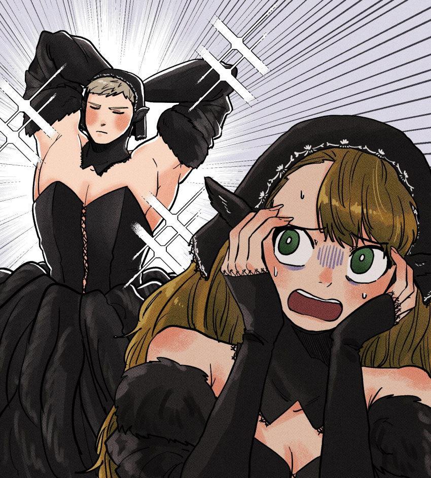 1boy 1girl arms_behind_head arms_up bags_under_eyes bare_shoulders black_corset black_dress black_hood blonde_hair breasts cleavage closed_eyes commentary_request corset crossdressing detached_hood detached_sleeves dress dungeon_meshi ear_covers elf emphasis_lines fur-trimmed_sleeves fur_trim green_eyes hands_on_own_cheeks hands_on_own_face highres horrified janbanclear jojo_pose korean_commentary laios_thorden long_hair looking_to_the_side marcille_donato muscular muscular_male official_alternate_costume pectoral_cleavage pectorals pointy_ears sparkle spoilers sweatdrop