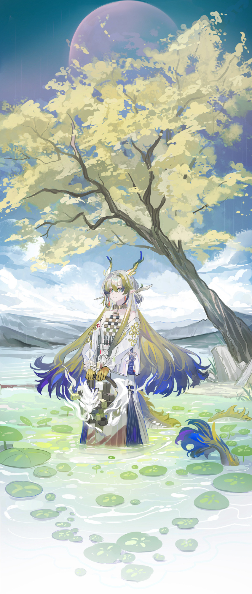 1girl absurdres arknights bare_shoulders bead_bracelet beads blue_hair blue_sky bracelet colored_skin dragon_girl dragon_horns dragon_tail earrings echj eyeliner green_hair grey_hair hair_ornament hair_stick highres holding horns jacket jewelry lily_pad long_hair long_sleeves makeup moon multicolored_hair off_shoulder open_clothes open_jacket pointy_ears red_eyeliner shirt shu_(arknights) sky solo strapless strapless_shirt tail tassel tassel_earrings tree very_long_hair wading white_jacket