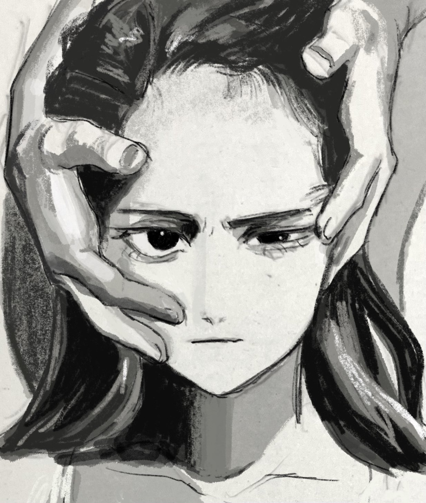 1girl 1other album_cover_redraw closed_mouth collarbone commentary derivative_work english_commentary expressionless eyelid_pull forehead furrowed_brow greyscale hands_on_another's_head highres long_hair looking_at_viewer monochrome moon_ep nou_325 out_of_frame portrait sanpaku solo_focus uneven_eyes