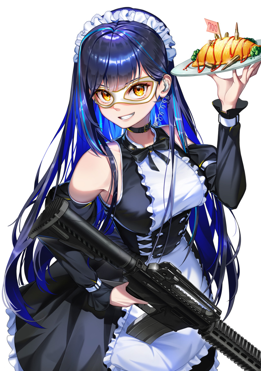 1girl absurdres algamja apron assault_rifle bare_shoulders black_bow black_collar black_dress blue_hair bow breasts collar colored_inner_hair corset dark_blue_hair detached_sleeves domino_mask dress earpiece food frilled_apron frills grin gun highres holding holding_plate holding_weapon lilpa long_hair long_sleeves looking_at_viewer maid maid_headdress mask medium_breasts multicolored_hair omelet orange_eyes plate puffy_long_sleeves puffy_sleeves rifle simple_background smile solo very_long_hair virtual_youtuber waktaverse weapon weapon_request white_apron white_background