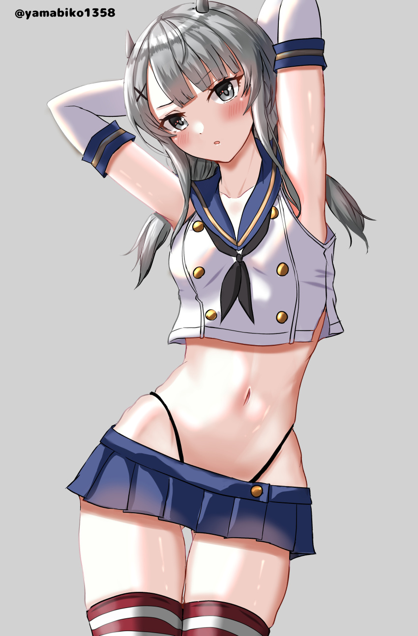 1girl absurdres armpits arms_behind_head arms_up black_neckerchief black_panties blue_sailor_collar blue_skirt breasts cosplay crop_top elbow_gloves fake_horns gloves grey_eyes grey_hair hair_ornament highleg highleg_panties highres horned_headwear horns i-201_(kancolle) kantai_collection long_hair microskirt mizuki_(uzuki_no_sato) navel neckerchief panties pleated_skirt sailor_collar shimakaze_(kancolle) shimakaze_(kancolle)_(cosplay) skirt small_breasts solo striped_clothes striped_thighhighs thighhighs thong trait_connection underwear white_gloves x_hair_ornament