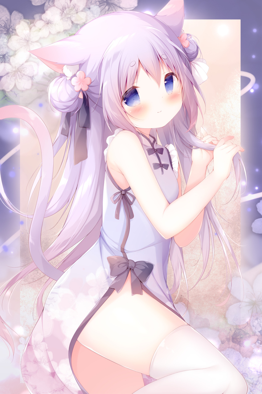 1girl absurdres akatsuki_(ytkg5558) animal_ears ass ayatsuki_nora blush breasts cat_ears cat_girl cat_tail china_dress chinese_clothes closed_mouth commentary_request double_bun dress flower from_side hair_between_eyes hair_bun hair_flower hair_ornament highres indie_virtual_youtuber long_hair looking_at_viewer playing_with_own_hair purple_dress purple_hair side_slit small_breasts smile solo tail thick_eyebrows thighhighs virtual_youtuber white_thighhighs
