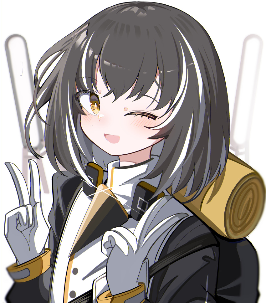 1girl ;d absurdres arknights backpack bag black_hair black_jacket blush brown_eyes double_v gloves hands_up highres jacket long_sleeves looking_at_viewer magallan_(arknights) multicolored_hair one_eye_closed puffy_long_sleeves puffy_sleeves simple_background smile solo spam_(spamham4506) streaked_hair v white_background white_gloves white_hair