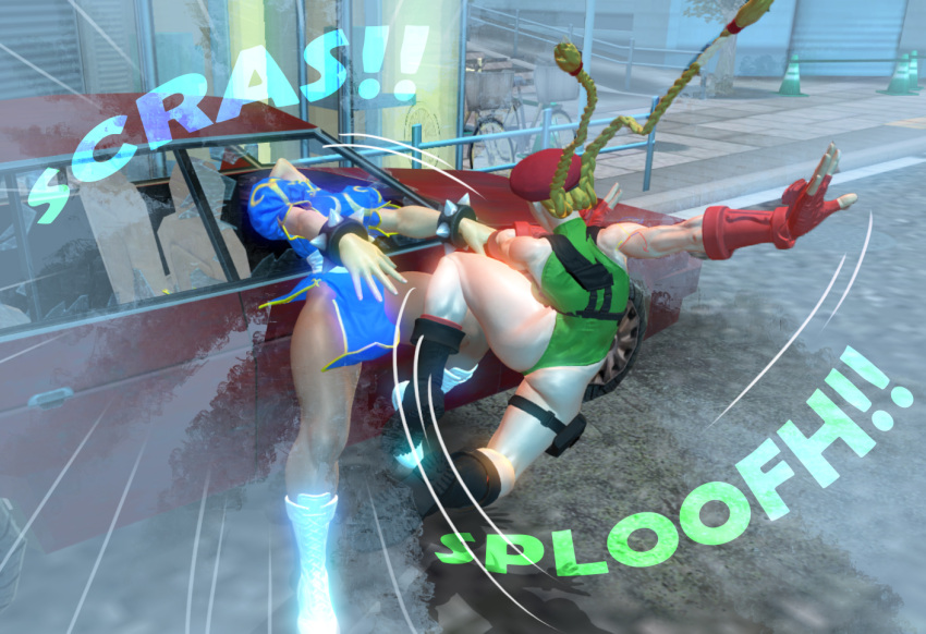 2girls 3d bell boxing boxing_ring broken_glass car chun-li defeat fighting full_body glass humiliation jewelry motor_vehicle multiple_girls neck neck_bell neck_ring non-web_source off-topic ryona self-upload sound_effects street_fighter street_fighter_v windshield
