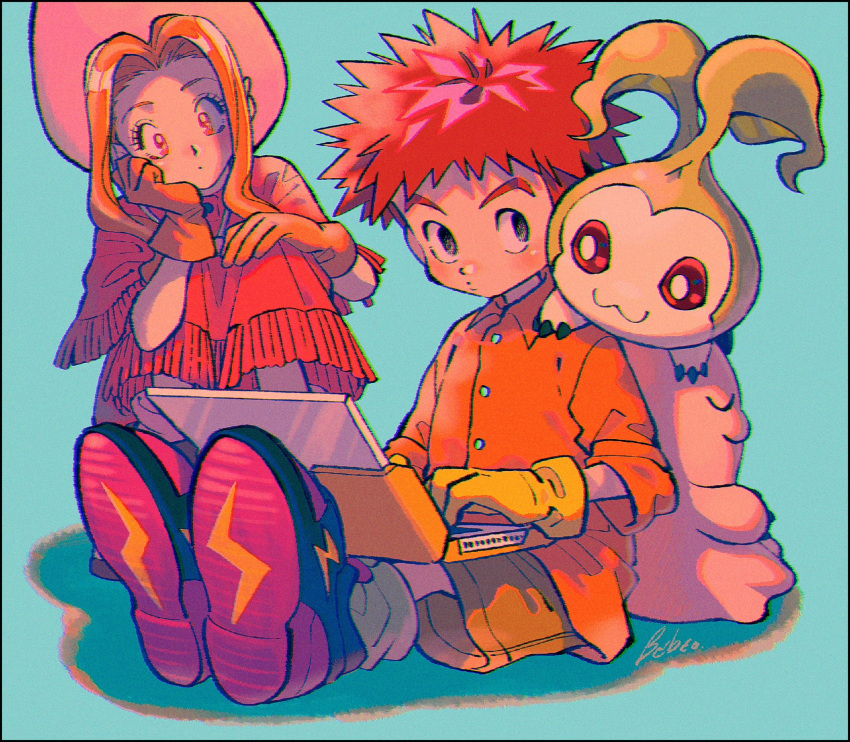 1boy 1girl artist_name back-to-back blue_background blue_eyes brown_gloves brown_hair closed_eyes collared_shirt computer cowboy_hat digimon digimon_(creature) digimon_adventure dress gloves green_shorts hand_on_own_face hat highres izumi_koshiro kwsby_124 laptop long_hair looking_at_another mochimon orange_hair orange_shirt pink_dress pink_headwear red_eyes shirt shoes short_hair shorts sidelocks sitting sneakers squatting tachikawa_mimi tanemon tassel yellow_gloves