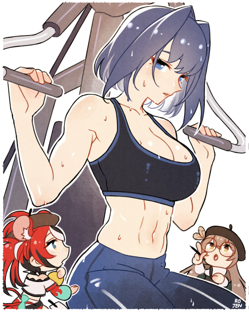 3girls abs absurdres animal_ears beret black_hair blue_eyes blue_hair blush bow breasts brown_hair cleavage collar collarbone exercise exercise_machine hair_intakes hakos_baelz hand_on_own_cheek hand_on_own_face hat highres hololive hololive_english large_breasts looking_to_the_side medium_hair mouse_ears mouse_girl mouse_tail multicolored_hair multiple_girls nanashi_mumei ouro_kronii pants pen red_hair rojen round_eyewear signature spiked_collar spikes sports_bra streaked_hair sweat tail tail_bow tail_ornament virtual_youtuber yoga_pants