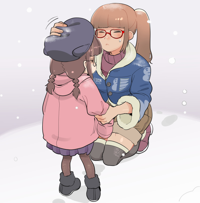 2girls black_eyes black_footwear black_thighhighs blue_coat brown_hair brown_pantyhose coat day facing_another freckles glasses hand_on_another's_headwear highres holding_own_arm kneeling multiple_girls original outdoors pantyhose pink_coat ponytail red-framed_eyewear shoes sidelocks sleeves_past_fingers sleeves_past_wrists snow sweatdrop sweater thighhighs tranqu_color twintails