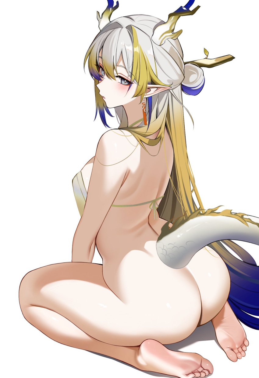 1girl arknights ass ateoyh barefoot bikini bikini_top_only blonde_hair blue_hair bottomless dragon_girl dragon_horns dragon_tail feet grey_eyes grey_hair highres horns looking_at_viewer looking_back multicolored_hair pointy_ears seiza shu_(arknights) simple_background sitting soles solo sweat swimsuit tail toes white_background