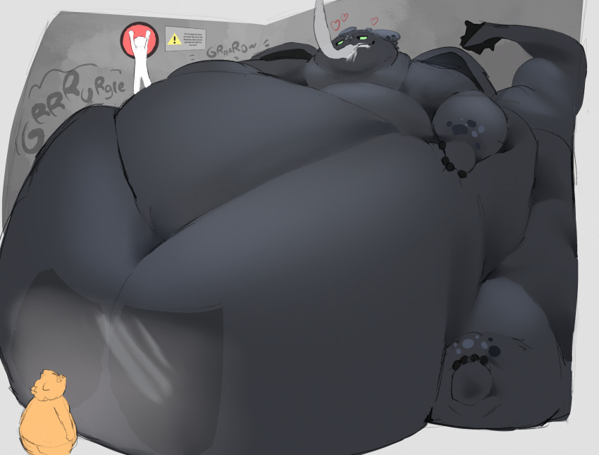 &lt;3 2022 against_surface anthro belly big_belly chunkyfunkys dragon dreamworks drinking extreme_size_difference feeding feeding_tube group hi_res how_to_train_your_dragon huge_belly immobile looking_at_another male mammal medical_instrument milk moobs morbidly_obese night_fury obese on_glass overweight pressing_button rumbling_stomach scalie scientific_instrument size_difference solo standing swallowing touching_belly trio warning_sign western_dragon