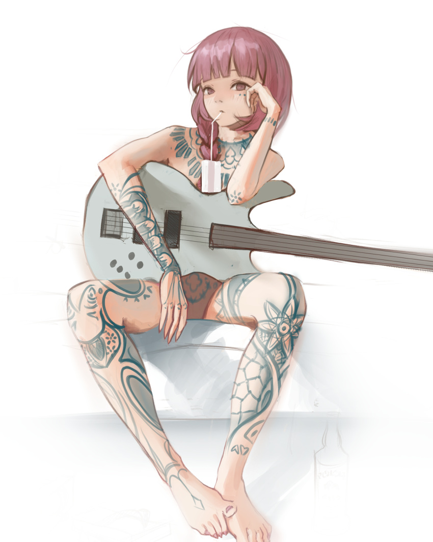 1girl absurdres arm_support arm_tattoo barefoot bocchi_the_rock! border braid commentary completely_nude convenient_censoring drinking_straw drinking_straw_in_mouth electric_guitar english_commentary expressionless full_body guitar highres hiroi_kikuri holding holding_guitar holding_instrument instrument juice_box leg_tattoo long_hair mawaw neck_tattoo nude pink_eyes pink_hair sitting solo spread_legs stomach_tattoo tattoo toes white_border