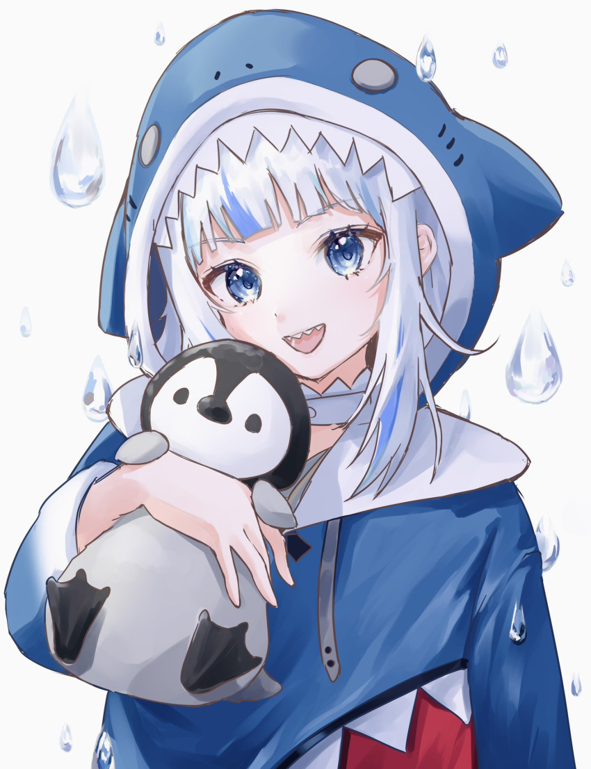 1girl :d animal animal_hug bird blue_eyes blue_hair blue_hoodie commentary drawstring gawr_gura gawr_gura_(1st_costume) grey_background grey_hair head_tilt highres hololive hololive_english hood hood_up hoodie long_sleeves looking_at_viewer multicolored_hair okojixyo penguin sharp_teeth simple_background smile solo streaked_hair teeth upper_body virtual_youtuber water_drop wide_sleeves