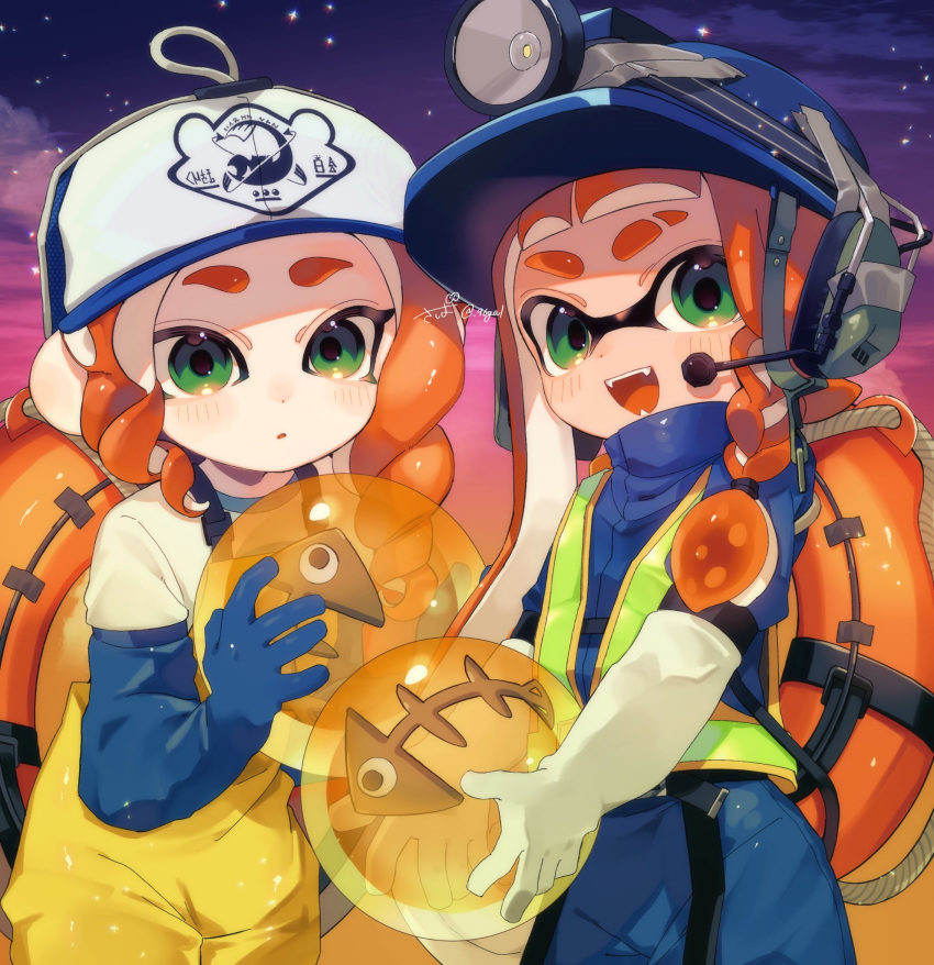 2girls artist_name baseball_cap blue_gloves commentary gloves golden_egg gradient_sky green_eyes hat highres inkling_girl inkling_player_character lifebuoy long_hair mining_helmet multicolored_sky multiple_girls night night_sky octoling_girl octoling_player_character open_mouth orange_hair parted_lips pink_sky print_headwear purple_sky rubber_gloves sahata_saba salmon_run_(splatoon) sky smile splatoon_(series) splatoon_3 star_(sky) swim_ring teeth tentacle_hair thick_eyebrows twitter_username white_gloves