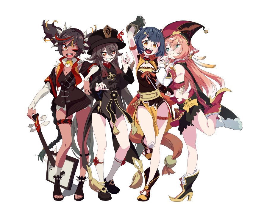 4girls absurdres antlers arm_on_another's_shoulder arm_up armband bandaid bandaid_on_knee bandaid_on_leg black_hair black_nails blue_hair boots breasts brown_hair china_dress chinese_clothes cleavage closed_mouth coat coattails colored_tips crop_top dark-skinned_female dark_skin detached_sleeves dress eyes_visible_through_hair fingerless_gloves fingernails flower-shaped_pupils foot_up full_body genshin_impact gloves gradient_hair green_eyes grin guitar hair_between_eyes hairband hand_on_another's_shoulder hat high_heel_boots high_heels highres horns hu_tao_(genshin_impact) instrument jacket kogooma leaning_on_person long_hair long_sleeves looking_at_viewer midriff multicolored_hair multiple_girls nail_polish one_eye_closed open_mouth orange_eyes orange_hair pink_hair porkpie_hat red_eyes red_hair red_headwear scales scarf shoes short_hair short_shorts shorts shoulder_spikes side-by-side simple_background smile socks spiked_hairband spikes standing standing_on_one_leg streaked_hair symbol-shaped_pupils tailcoat thigh_strap toeless_footwear toes two_side_up very_long_hair white_background white_hair xiangling_(genshin_impact) xinyan_(genshin_impact) yanfei_(genshin_impact) yellow_eyes yellow_pupils