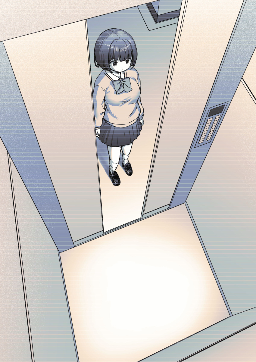 1girl absurdres ayanakitori bow bowtie breasts commentary_request elevator highres indoors loafers medium_breasts monochrome original pleated_skirt school_uniform shoes short_hair skirt socks solo standing