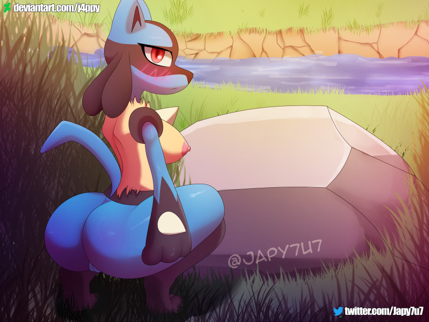 absurd_res anthro blue_body breasts butt female generation_4_pokemon genitals hand_on_butt hi_res looking_at_viewer lucario nintendo nipples pokemon pokemon_(species) pussy qlq_japy solo video_games