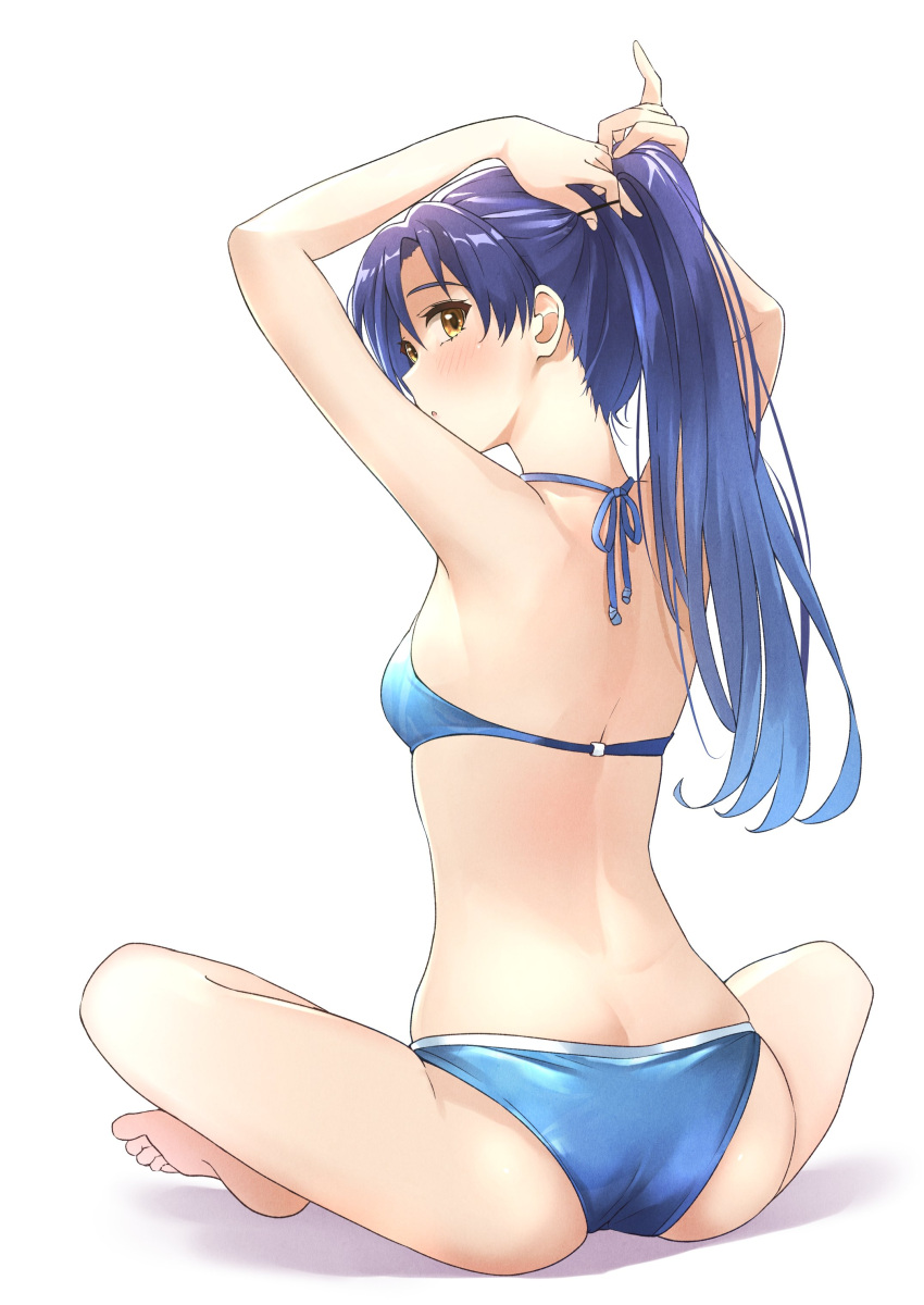 1girl absurdres adjusting_hair arms_up ass b1ack_illust back barefoot bikini blue_bikini blue_hair blush breasts brown_eyes commentary from_behind highres idolmaster idolmaster_(classic) kisaragi_chihaya legs long_hair looking_back on_floor parted_lips ponytail sitting small_breasts solo swimsuit thighs white_background