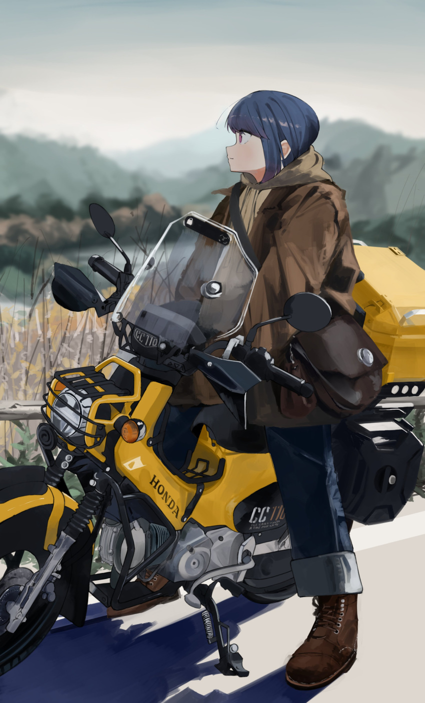 1girl absurdres bag blue_hair boots closed_mouth coat denim field highres hood hoodie jeans long_sleeves looking_afar maegami_(daisuki_oekaki1) motor_vehicle motorcycle mountainous_horizon pants road satchel shima_rin vehicle_request winter yurucamp