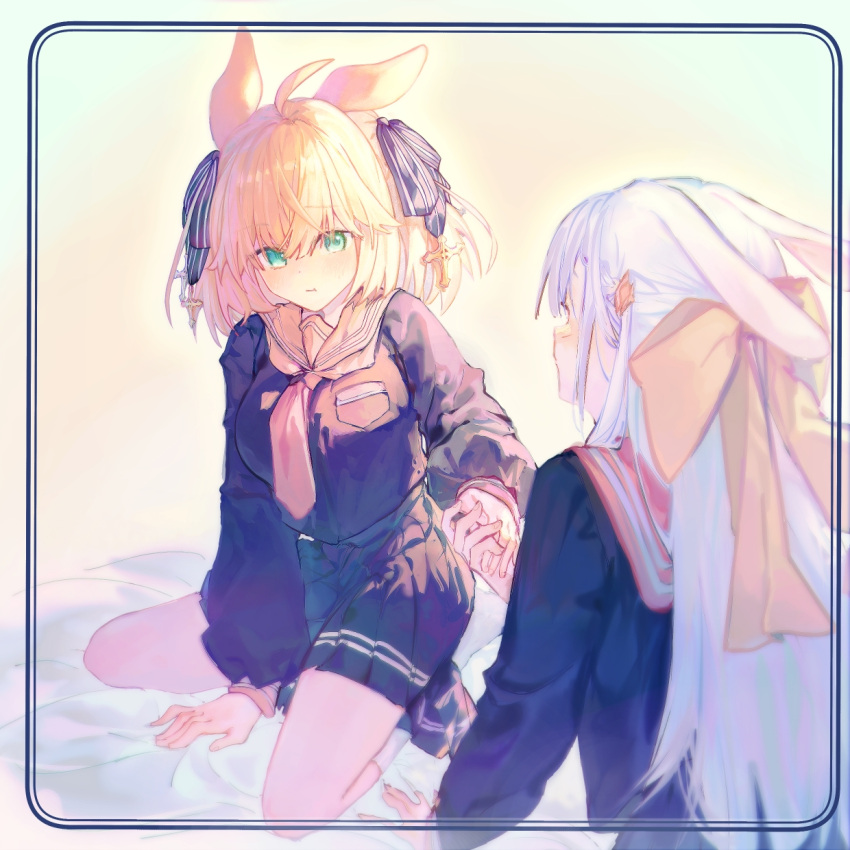 2girls animal_ears anisphia_wynn_palettia black_ribbon black_shirt black_skirt blonde_hair breasts commentary_request contemporary euphyllia_magenta green_eyes grey_hair hair_ribbon highres holding_hands kemonomimi_mode large_breasts long_hair long_sleeves medium_hair multiple_girls pink_sailor_collar pleated_skirt rabbit_ears ribbon sailor_collar school_uniform serafuku shirt skirt socks tensei_oujo_to_tensai_reijou_no_mahou_kakumei white_socks ydpfa yellow_ribbon yellow_sailor_collar yuri