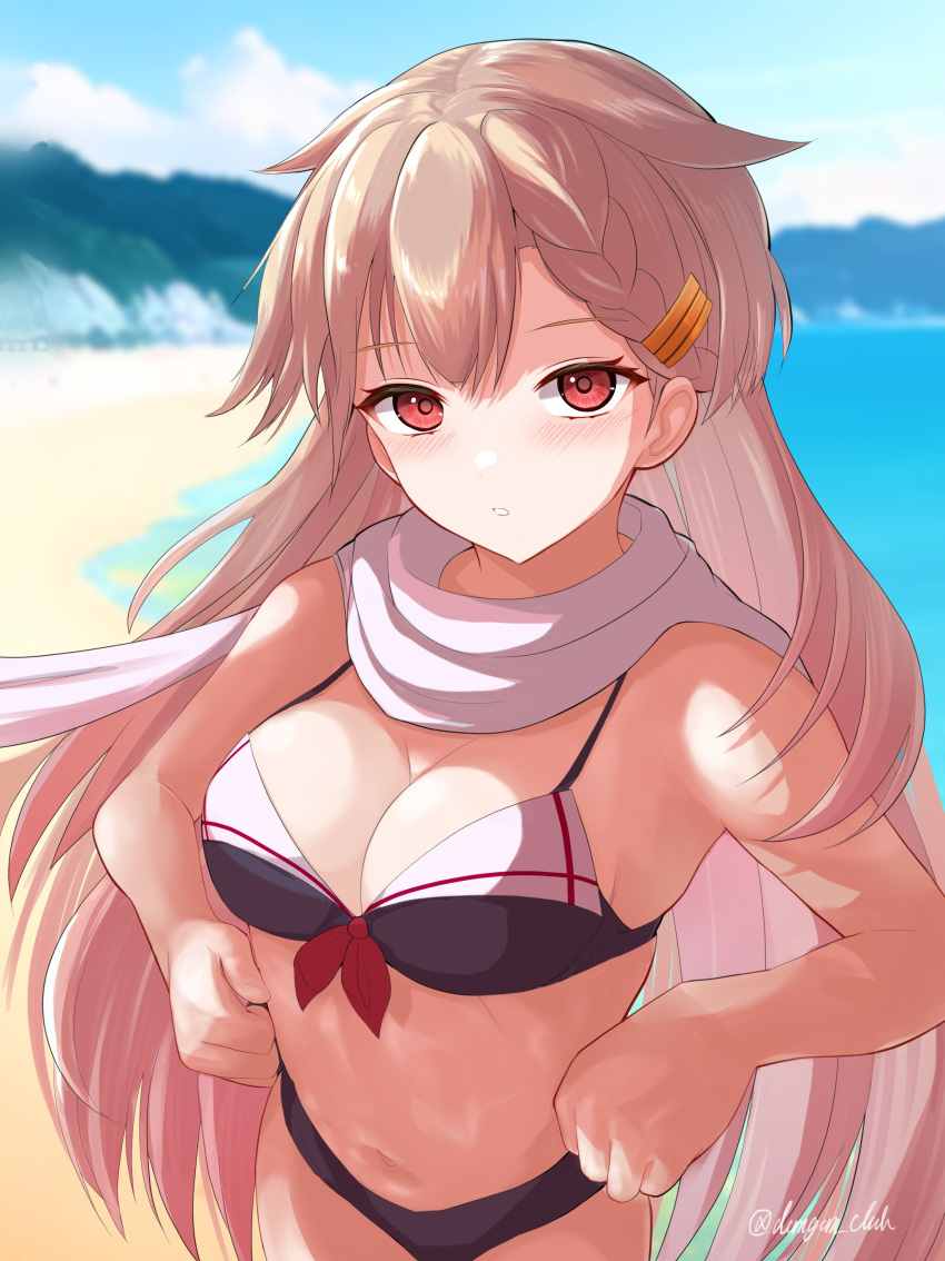 1girl absurdres bikini black_bikini blonde_hair blush breasts cleavage dangan_kurabu hair_flaps hair_ornament hairclip highres kantai_collection long_hair looking_at_viewer medium_breasts neckerchief official_alternate_costume red_eyes red_neckerchief sailor_bikini sailor_collar scarf solo swimsuit twitter_username white_scarf yuudachi_(kancolle)