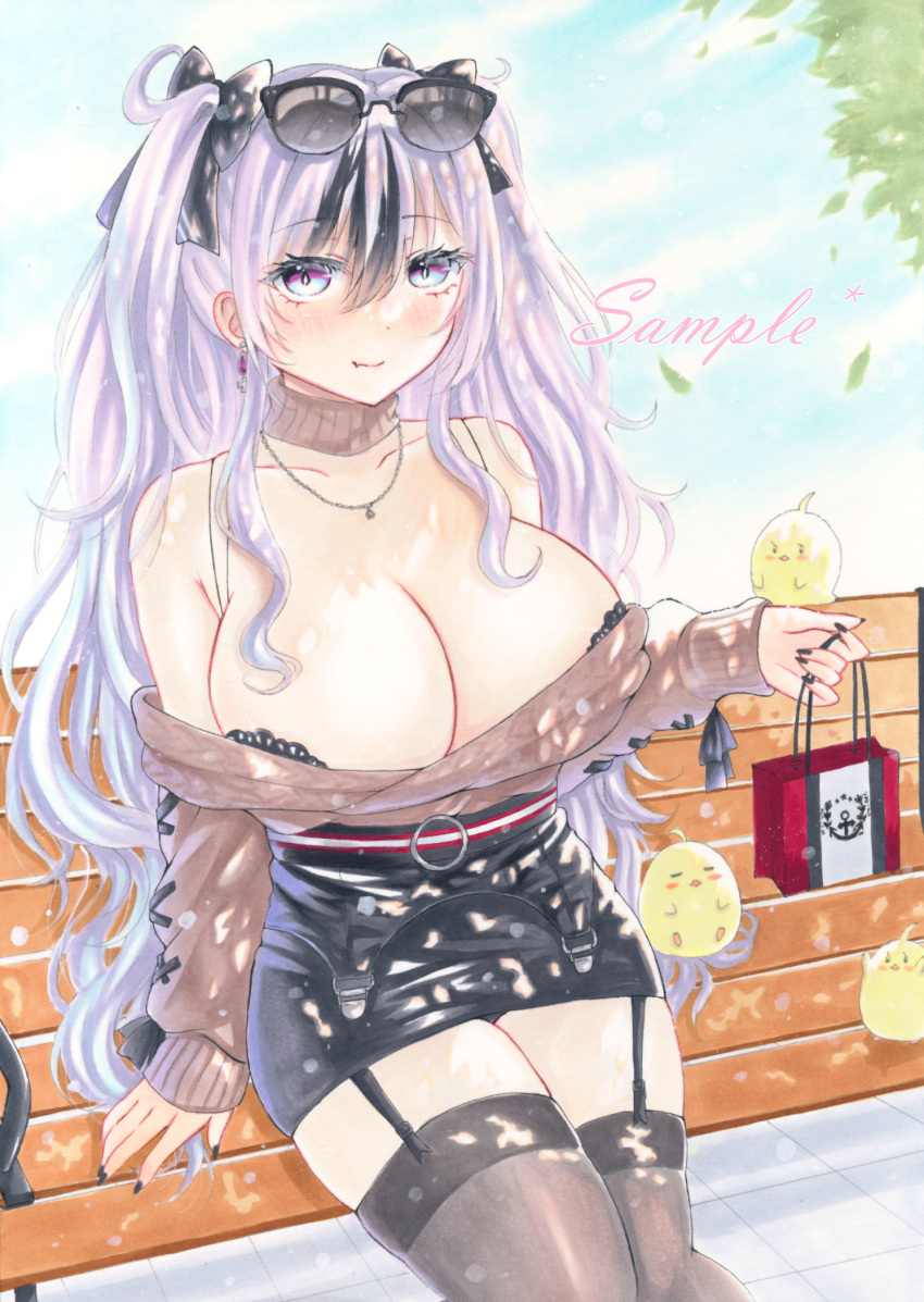 1girl azur_lane bare_shoulders bench black_bow black_bra black_hair black_skirt blue_eyes bow bra breasts cleavage curly_hair day detached_collar earrings elbe_(azur_lane) elbe_(pure-hearted_bad_girl)_(azur_lane) eyewear_on_head fang garter_straps hair_bow hand_up highres jewelry large_breasts long_hair looking_at_viewer manjuu_(azur_lane) miniskirt multicolored_hair nail_polish necklace off-shoulder_shirt off_shoulder outdoors park_bench purple_eyes purplepencil red_nails shirt sitting skindentation skirt smile solo streaked_hair sunglasses thighhighs thighs two-tone_eyes two-tone_hair underwear very_long_hair white_hair