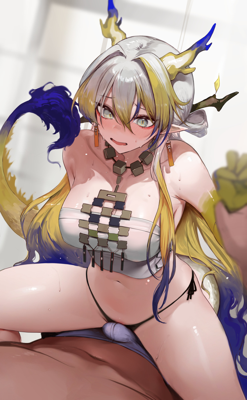 1boy 1girl absurdres arknights blonde_hair blue_hair blush breasts bulge dokuro_deluxe dragon_girl dragon_horns dragon_tail erection erection_under_clothes gradient_background grey_eyes grey_hair grinding highres horns jewelry long_hair multicolored_hair necklace open_mouth panties pointy_ears red_eyes shirt shu_(arknights) side-tie_panties tail underwear