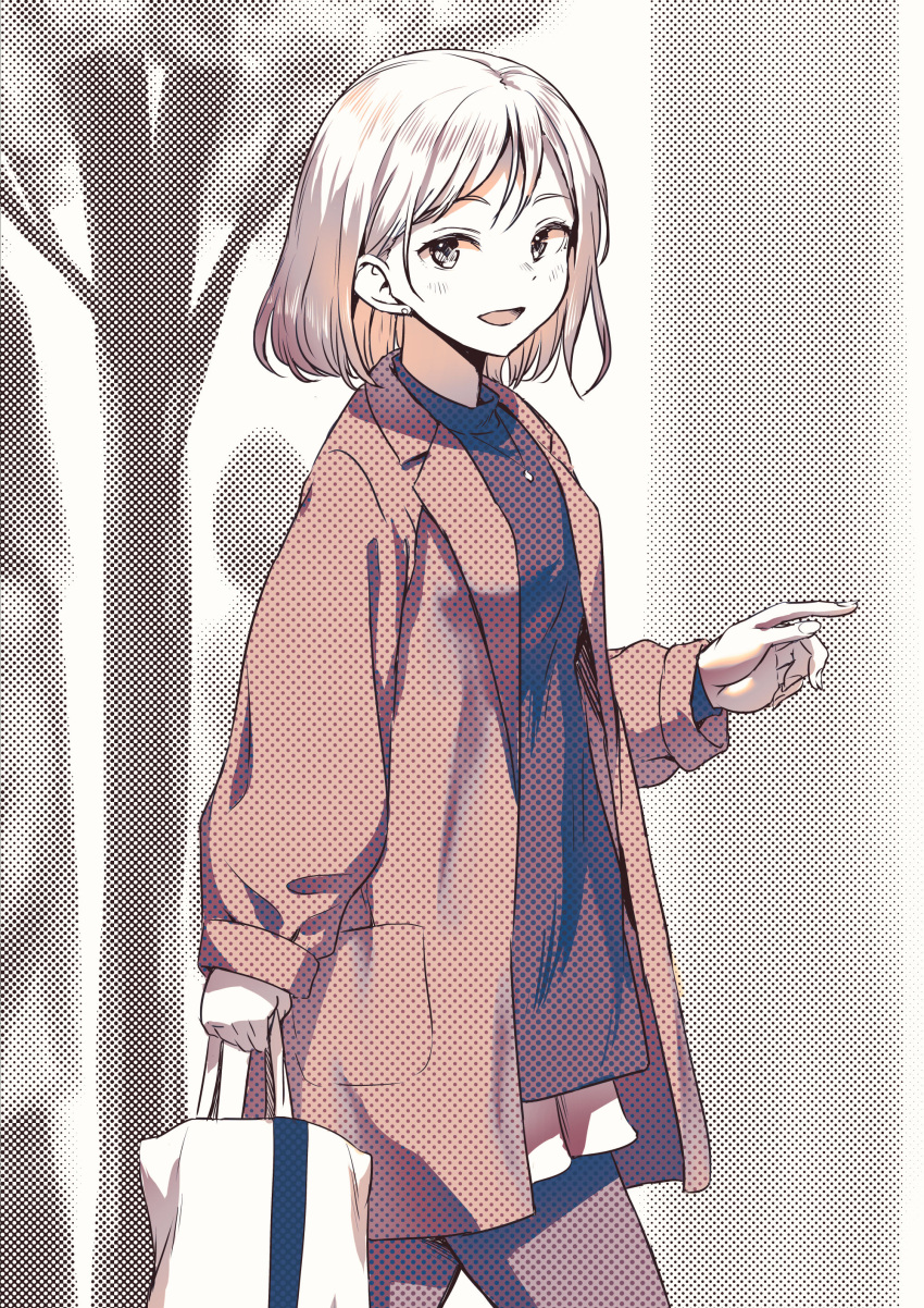 1girl absurdres ayanakitori bag blush commentary_request highres holding holding_bag jacket jewelry long_sleeves looking_at_viewer monochrome necklace open_clothes open_jacket open_mouth original outdoors pants shirt short_hair solo textless_version tree walking