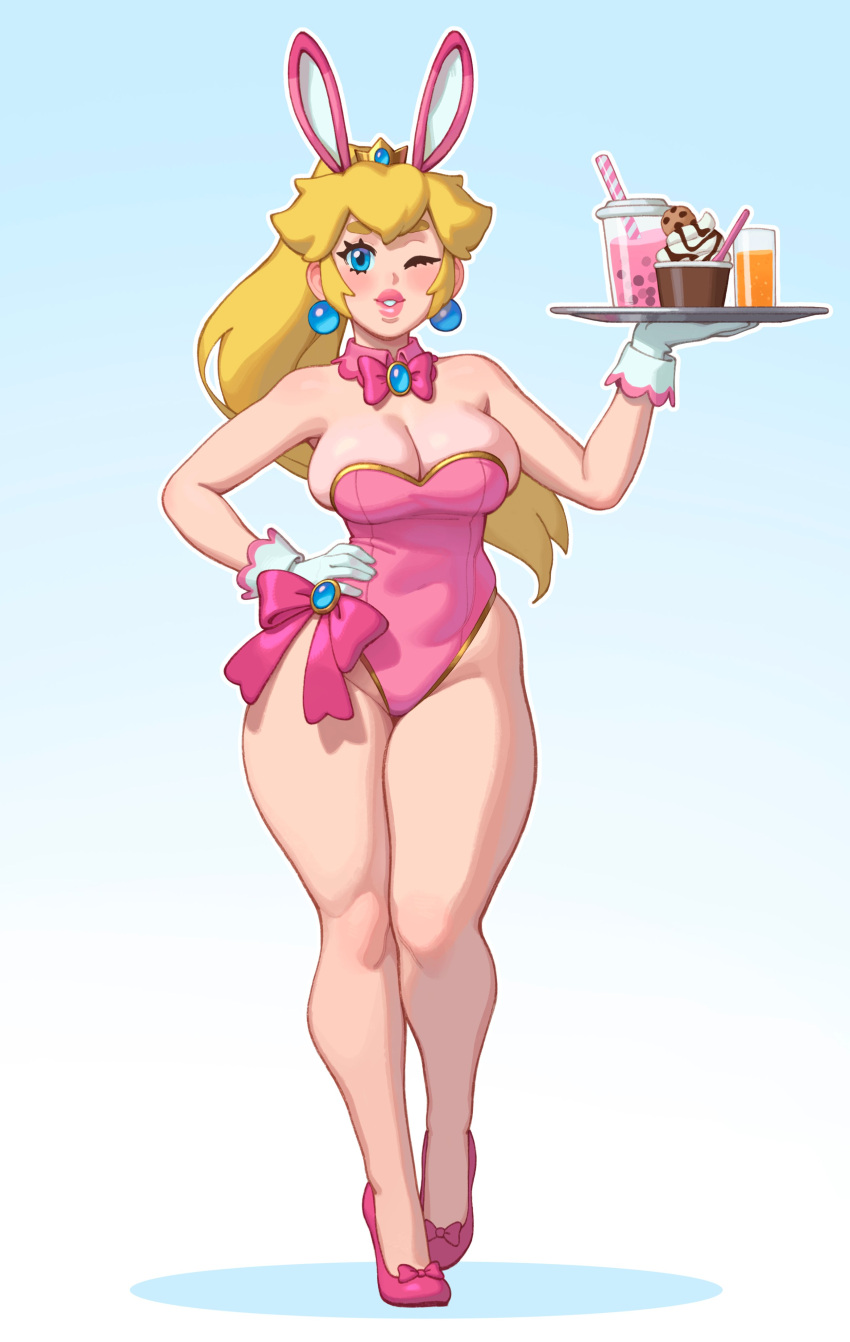 1girl absurdres alternate_eyebrows animal_ears blonde_hair blue_eyes blush breasts bubble_tea crown cup detached_collar drinking_glass earrings english_commentary fake_animal_ears gloves highres holding holding_tray jewelry large_breasts leotard long_hair mario_(series) one_eye_closed playboy_bunny ponytail princess_peach rabbit_ears riz strapless strapless_leotard thick_eyebrows thick_thighs thighs tray waitress