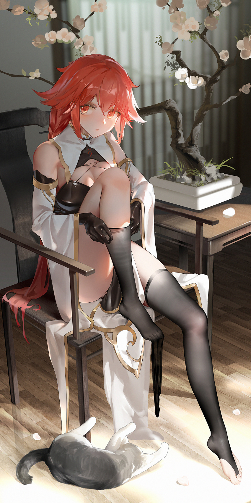 1girl absurdres alternate_costume black_gloves black_thighhighs braid breasts cat chair china_dress chinese_clothes cleavage commission curtains dress full_body gloves highres indoors knee_up long_hair looking_at_viewer neptune_(series) orange_eyes orange_hair pantyhose second-party_source shin_jigen_game_neptune_vii sitting solo stirrup_legwear tennouboshi_uzume thighhighs toeless_legwear tree very_long_hair