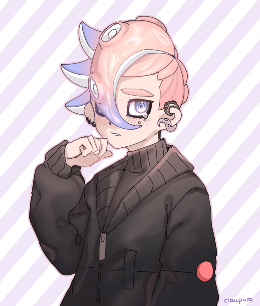 1boy artist_name black_sweater blue_eyes blue_hair commentary earrings gradient_hair highres jewelry long_hair_between_eyes male_focus mixed-language_commentary mohawk multicolored_hair norishiitsu octoling_boy octoling_player_character parted_lips pink_hair purple_background short_hair solo splatoon_(series) splatoon_3 striped_background sweater tears teeth tentacle_hair thick_eyebrows twitter_username two-tone_background two-tone_hair white_background