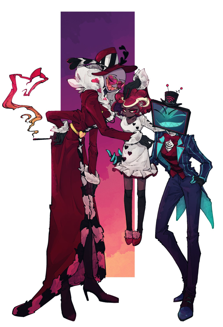 1girl 2boys black_suit coat dress full_body glasses hand_on_own_hip hazbin_hotel highres jelly_bear2 multiple_boys pimp red_coat standing suit valentino_(hazbin_hotel) velvette_(hazbin_hotel) vox_(hazbin_hotel) white_dress