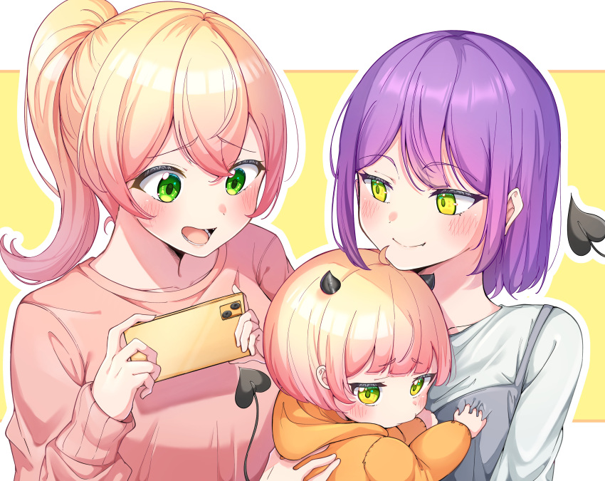 3girls absurdres alternate_costume baby baby_carry blonde_hair blush breasts carrying cellphone child child_carry couple demon_tail family gradient_hair green_eyes high_ponytail highres holding holding_baby holding_phone hololive husband_and_wife if_they_mated ips_cells long_hair momosuzu_nene mother_and_child mother_and_daughter multicolored_hair multiple_girls okome_0628 open_mouth original phone pink_hair purple_hair shirt short_hair sidelocks smartphone smile tail tokoyami_towa virtual_youtuber wife_and_wife yuri