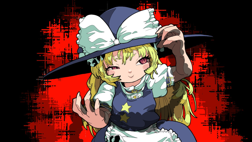 1girl apron black_background black_headwear black_skirt black_vest blonde_hair blush bow closed_mouth commentary_request cookie_(touhou) cowboy_shot frilled_apron frills hat hat_bow highres intestines kirisame_marisa long_hair medium_bangs puffy_short_sleeves puffy_sleeves red_background red_eyes shirt short_sleeves skirt skirt_set smile solo star_(symbol) suzu_(cookie) tonchamon_san touhou uneven_eyes unusually_open_eyes vest waist_apron white_apron white_headwear white_shirt witch_hat