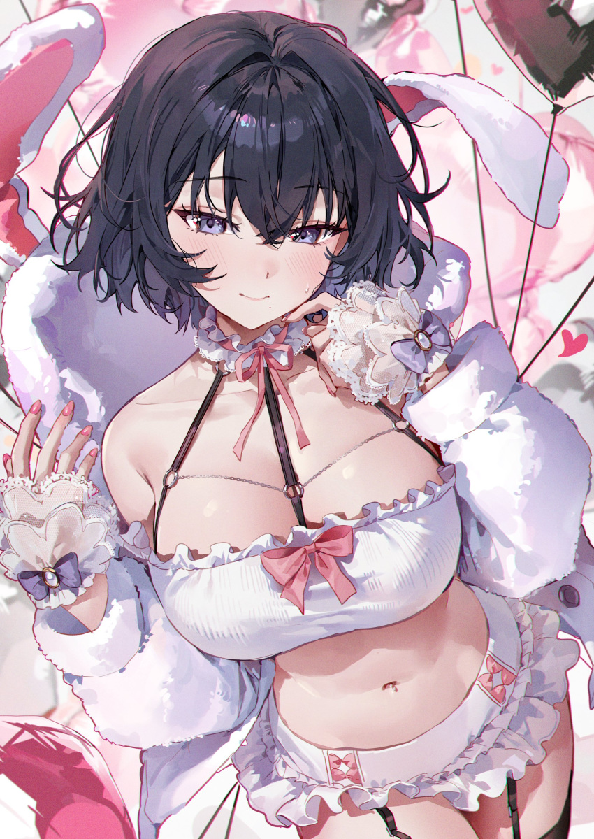 1girl absurdres animal_ear_hood animal_ears bare_shoulders between_breasts black_hair black_thighhighs blue_eyes blurry blurry_background blush bow breasts choker closed_mouth collarbone cowboy_shot crop_top crossed_bangs fake_animal_ears frilled_choker frilled_skirt frills garter_straps hair_between_eyes hands_up heart highres hood hood_down jacket lace_trim large_breasts long_sleeves looking_at_viewer microskirt mole mole_under_mouth nail_polish navel navel_piercing neck_ribbon o-ring open_clothes open_jacket original piercing pink_nails purple_bow red_bow red_ribbon ribbon short_hair skirt solo stomach strap_between_breasts strapless thighhighs tube_top white_choker white_jacket white_skirt white_tube_top wrist_bow ye_jji