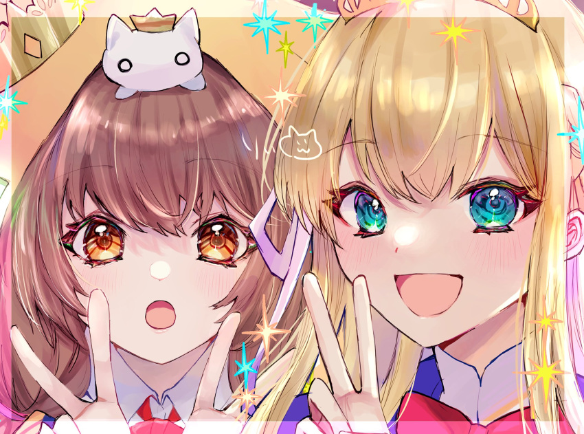 2girls :d :o animal_on_head animal_print asakura_karen_(heaven_burns_red) blonde_hair blue_eyes blush border brown_eyes brown_hair cat cat_on_head cat_print close-up commentary_request crown double_v hair_between_eyes hair_ribbon happy heaven_burns_red highres hood hood_up long_hair looking_at_viewer multiple_girls on_head open_mouth ribbon rin_0101010 side-by-side smile sparkle toujou_tsukasa tsurime v white_ribbon