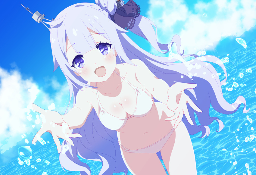 1girl arbiter1 azur_lane beach bikini breasts cleavage cloud day hair_bun highres leaning_forward long_hair looking_at_viewer navel ocean open_mouth outdoors purple_eyes purple_hair ribbon side_ponytail sky smile solo splashing swimsuit thighs unicorn_(azur_lane) white_bikini