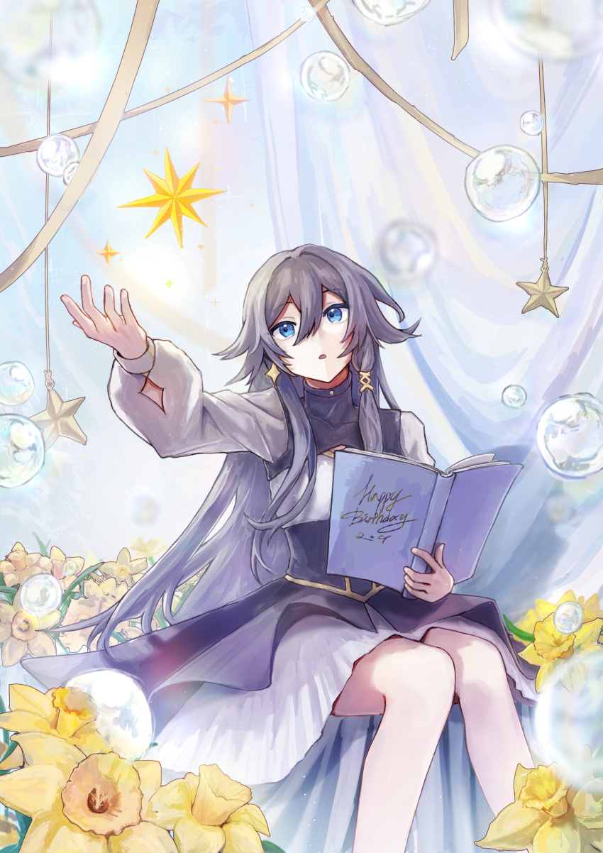 1girl absurdres alternate_costume arsum0731 blue_background blue_eyes blue_hair book curtains dated dress flower fu_hua grey_hair hair_between_eyes happy_birthday highres holding holding_book honkai_(series) honkai_impact_3rd long_sleeves looking_up open_book purple_dress sitting solo sponge star_(symbol) white_sleeves yellow_flower yellow_star