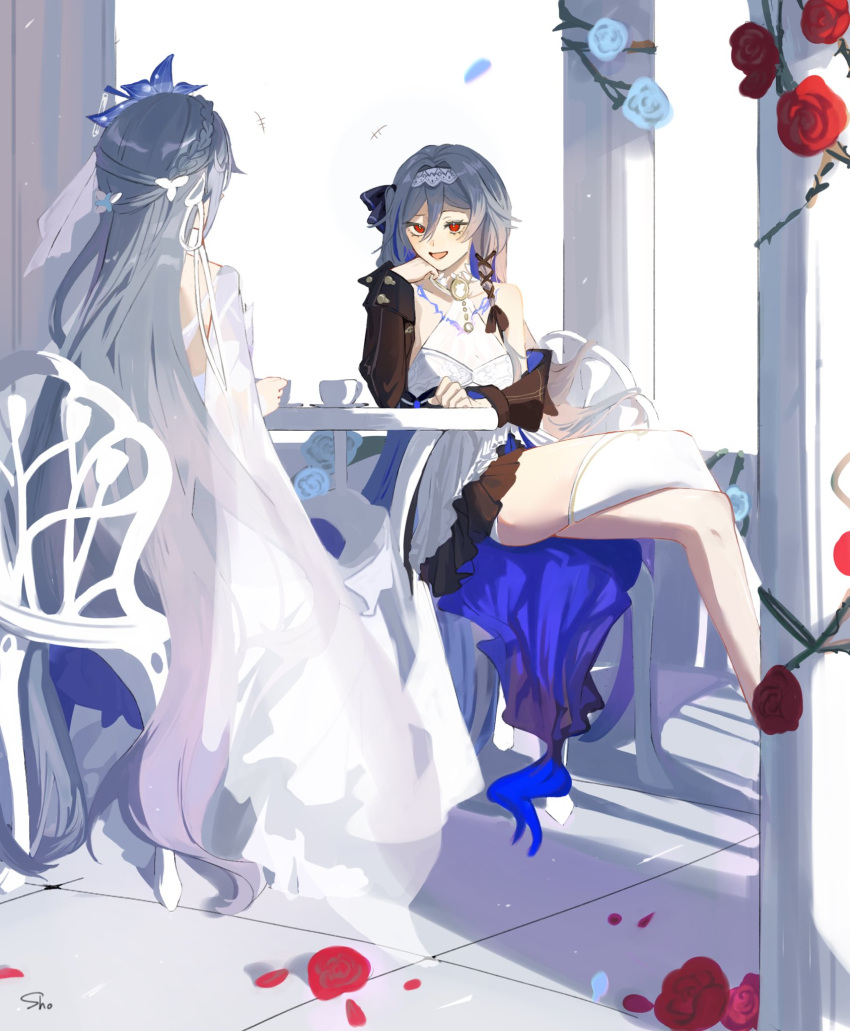 2girls bird_hair_ornament birthday black_sleeves blue_dress braid chair crossed_legs cup dress dual_persona elbow_on_table feet_out_of_frame flower fu_hua fu_hua_(azure_empyrea) fu_hua_(cerulean_court) fu_hua_(herrscher_of_sentience) fu_hua_(turn_up_the_music!)_(herrscher_of_sentience) grey_hair hair_ornament hand_on_own_chin highres honkai_(series) honkai_impact_3rd long_hair long_sleeves multiple_girls official_alternate_costume open_mouth pillar red_eyes red_flower red_rose rose sho_2nini signature simple_background sitting table wedding_dress white_background